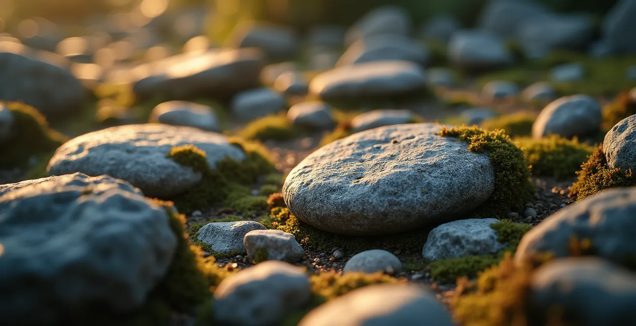 Détail en gros plan des pierres sèches avec jeux d'ombres et lumière naturelle